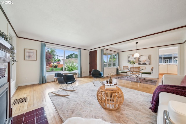 living area featuring baseboards, wood finished floors, and ornamental molding