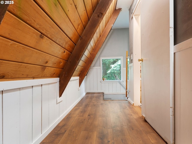 1171 Mabee Mines Rd, Washougal, WA 98671 - hallway with wood-type flooring and vaulted ceiling