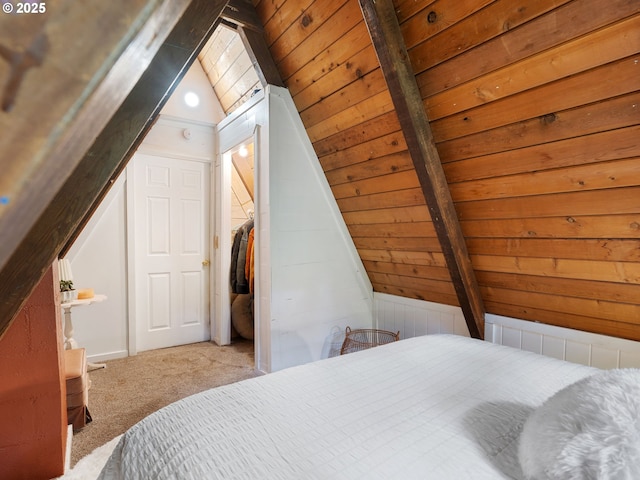 1171 Mabee Mines Rd, Washougal, WA 98671 - carpeted bedroom featuring vaulted ceiling and wood walls