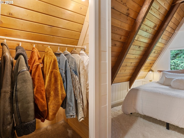 1171 Mabee Mines Rd, Washougal, WA 98671 - bedroom with wood ceiling, carpet flooring, and wood walls