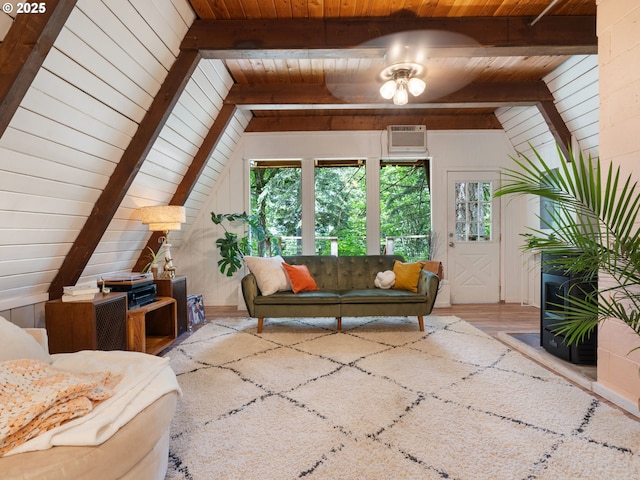 1171 Mabee Mines Rd, Washougal, WA 98671 - living room with wood ceiling, an AC wall unit, wood finished floors, and ceiling fan