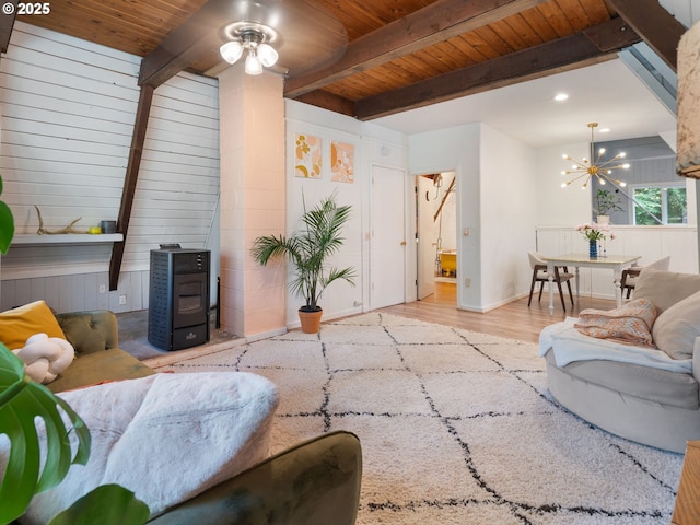 1171 Mabee Mines Rd, Washougal, WA 98671 - living area with a wooden ceiling with exposed beams, a chandelier, wood finished floors, and ceiling fan