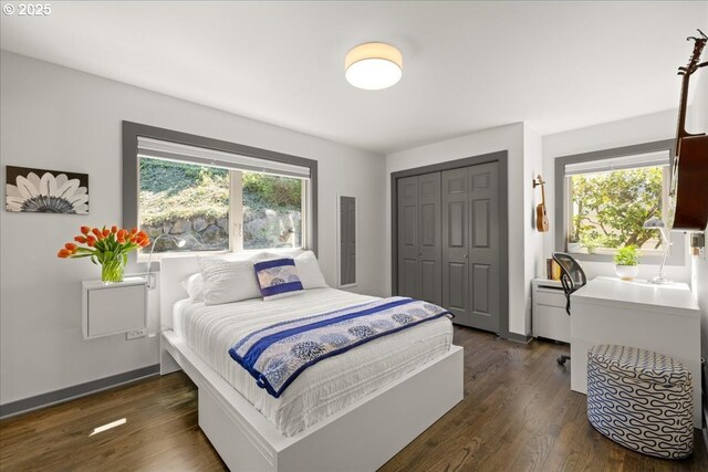 bedroom featuring dark wood-style floors, a closet, and baseboards