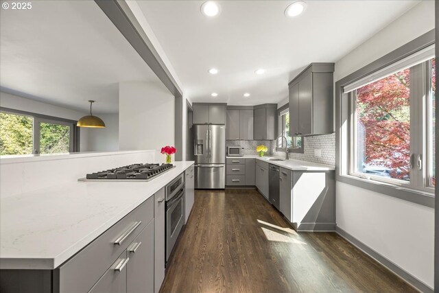 kitchen with gray cabinetry, appliances with stainless steel finishes, plenty of natural light, dark wood finished floors, and recessed lighting