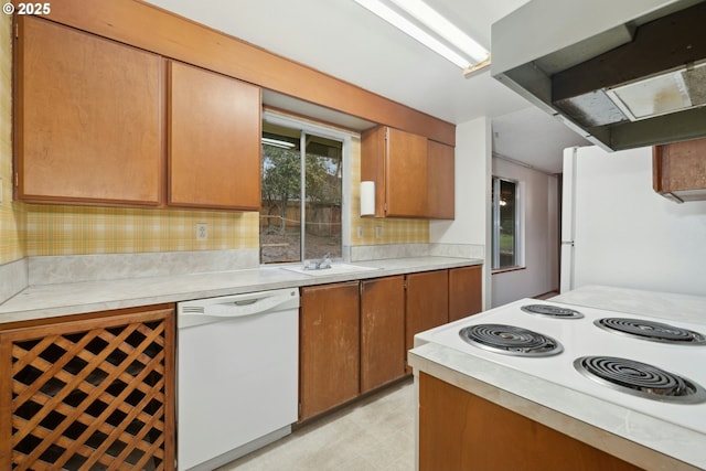 kitchen with sink, white appliances, a wealth of natural light, and exhaust hood