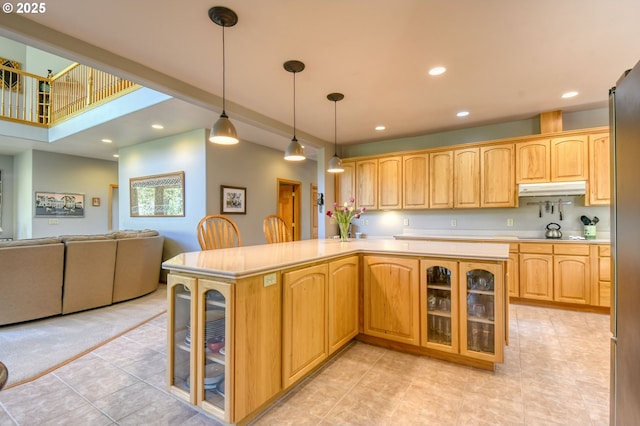 54693 Bingham Rd, Adams, OR 97810 - kitchen with under cabinet range hood, light countertops, open floor plan, glass insert cabinets, and recessed lighting