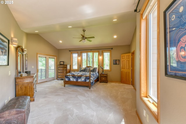 54693 Bingham Rd, Adams, OR 97810 - bedroom with lofted ceiling, access to exterior, light carpet, recessed lighting, and baseboards