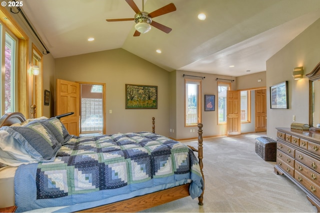 54693 Bingham Rd, Adams, OR 97810 - bedroom with light carpet, lofted ceiling, recessed lighting, baseboards, and a ceiling fan