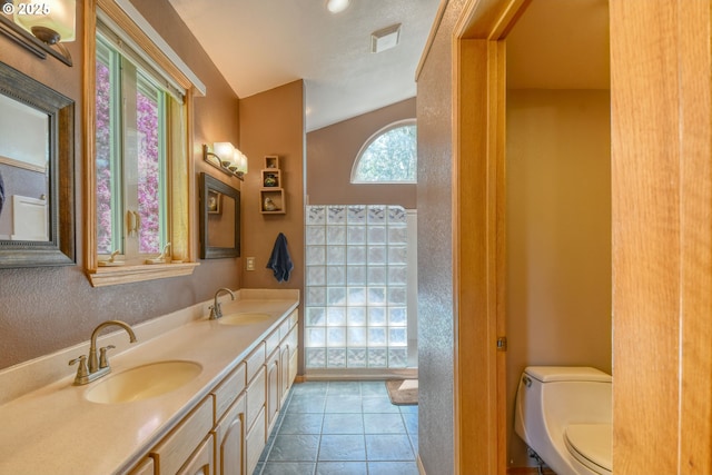 full bath featuring a sink, toilet, double vanity, and visible vents