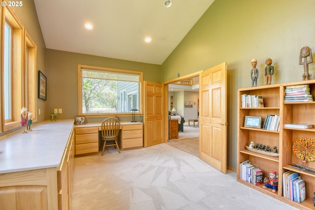54693 Bingham Rd, Adams, OR 97810 - office space with built in desk, light colored carpet, recessed lighting, and high vaulted ceiling
