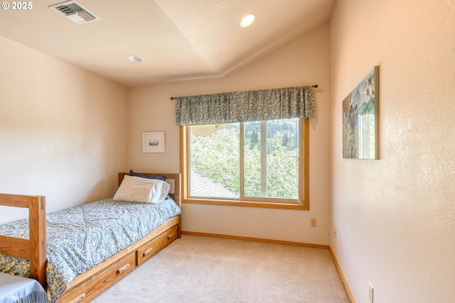 54693 Bingham Rd, Adams, OR 97810 - bedroom with light carpet, vaulted ceiling, baseboards, and recessed lighting
