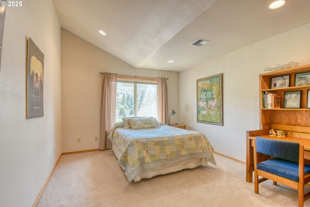 bedroom with visible vents, recessed lighting, baseboards, and light colored carpet