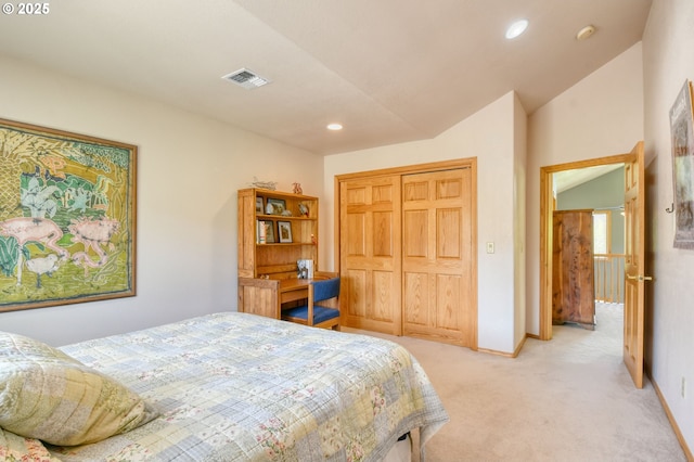 bedroom with light carpet, recessed lighting, baseboards, lofted ceiling, and visible vents