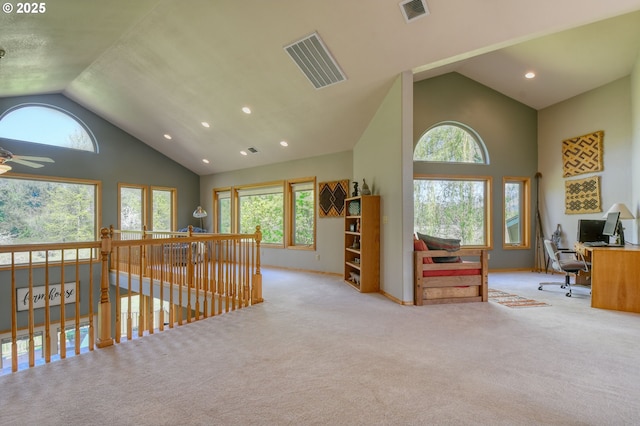 54693 Bingham Rd, Adams, OR 97810 - hallway with an office area, carpet flooring, plenty of natural light, high vaulted ceiling, and recessed lighting