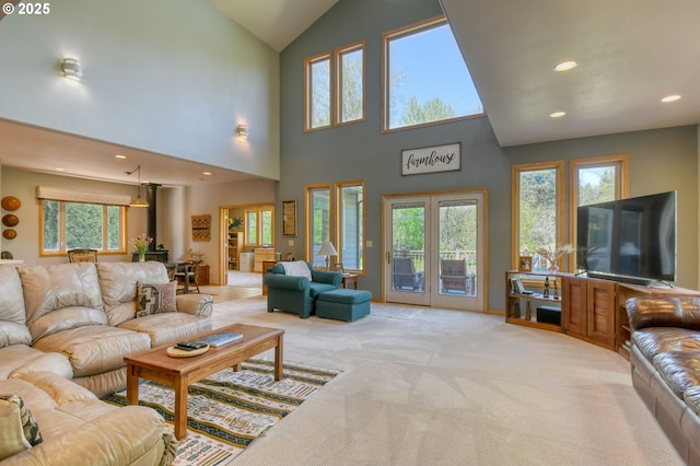 54693 Bingham Rd, Adams, OR 97810 - carpeted living area featuring recessed lighting, healthy amount of natural light, french doors, and vaulted ceiling