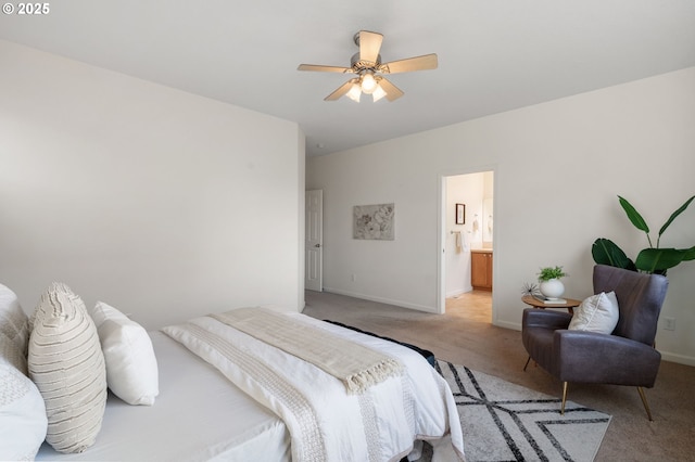 bedroom with light carpet, ceiling fan, and baseboards