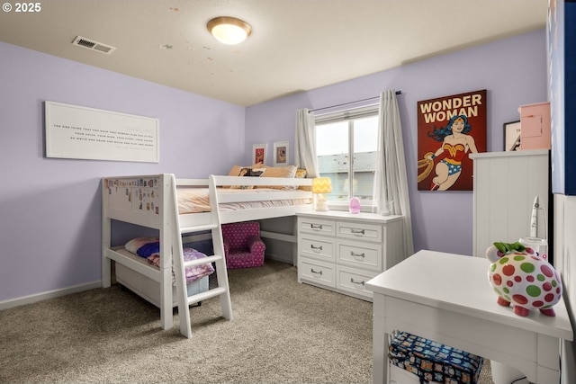 bedroom featuring light colored carpet, visible vents, and baseboards