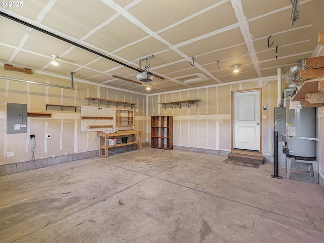 garage featuring electric panel, heating unit, and a garage door opener