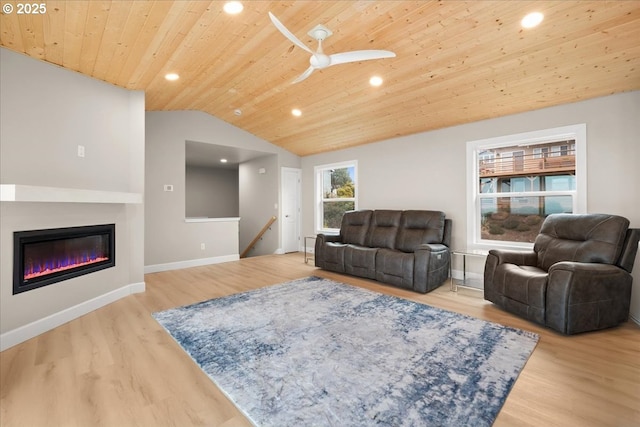 35505 Upper Loop Rd, Pacific City, OR 97135 - living room featuring wooden ceiling, lofted ceiling, recessed lighting, ceiling fan, and wood finished floors