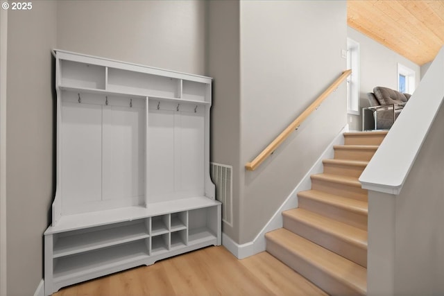 35505 Upper Loop Rd, Pacific City, OR 97135 - mudroom with wood finished floors, wood ceiling, and baseboards