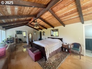 53742 Rosa Rd, Bandon, OR 97411 - bedroom featuring wood ceiling and wood finished floors
