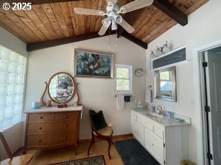 53742 Rosa Rd, Bandon, OR 97411 - full bath featuring wooden ceiling, vanity, a ceiling fan, wood finished floors, and a tub