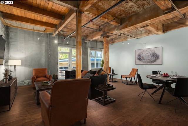 living room featuring beamed ceiling, dark hardwood / wood-style floors, and wood ceiling