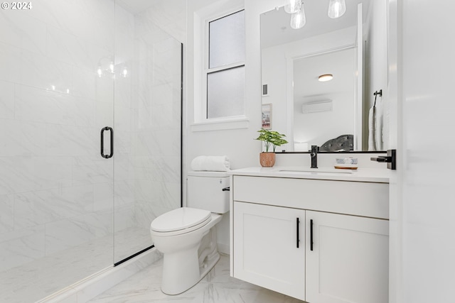 bathroom featuring a wall mounted AC, toilet, vanity, and walk in shower