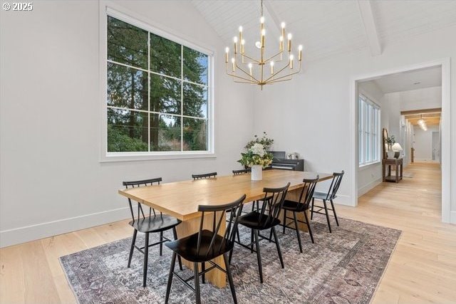 dining room with a chandelier, healthy amount of natural light, light wood-style floors, and baseboards