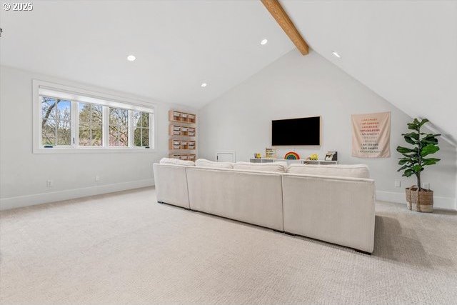 living area featuring carpet flooring, recessed lighting, and baseboards