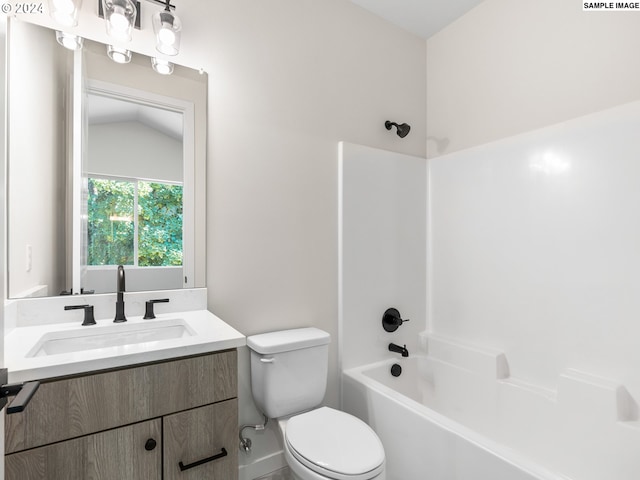 66 NE Stanton St, Portland, OR 97212 - full bathroom featuring shower / tub combination, toilet, vanity, and vaulted ceiling