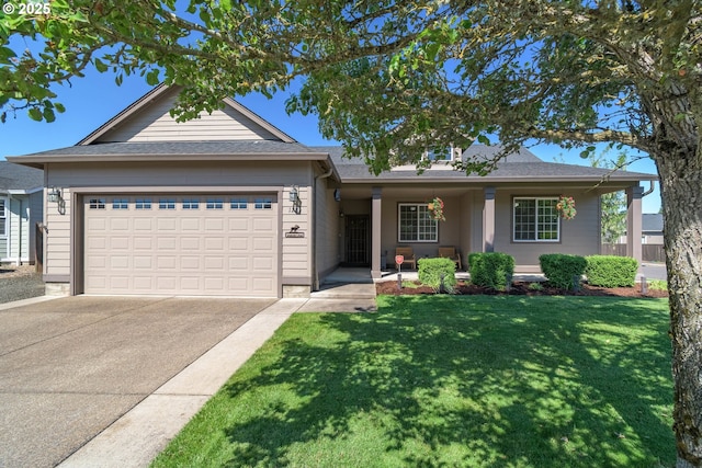 1281 Alderdale Dr, Junction City, OR 97448 - single story home with concrete driveway, a garage, a front yard, covered porch, and roof with shingles