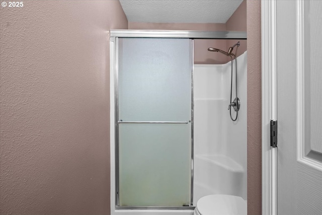 5836 NE Farnham St, Hillsboro, OR 97124 - full bath with a shower stall, a textured wall, toilet, and a textured ceiling