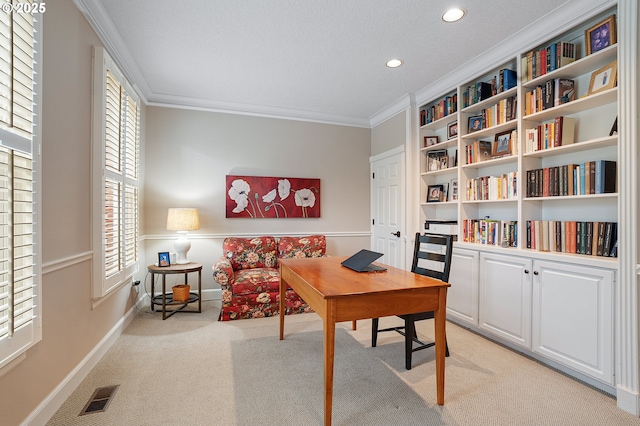 office featuring visible vents, baseboards, ornamental molding, light carpet, and recessed lighting