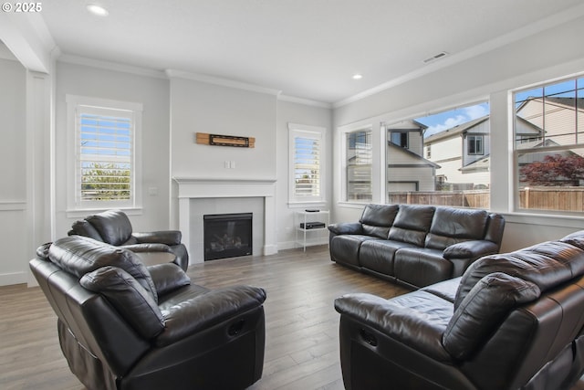 29169 NW King St, North Plains, OR 97133 - living room with crown molding, recessed lighting, a glass covered fireplace, and light wood finished floors