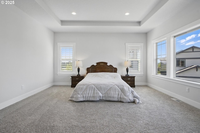29169 NW King St, North Plains, OR 97133 - bedroom with visible vents, carpet, a raised ceiling, and baseboards