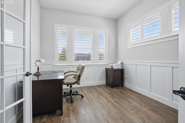 29169 NW King St, North Plains, OR 97133 - office space featuring a healthy amount of sunlight, a wainscoted wall, a decorative wall, and wood finished floors