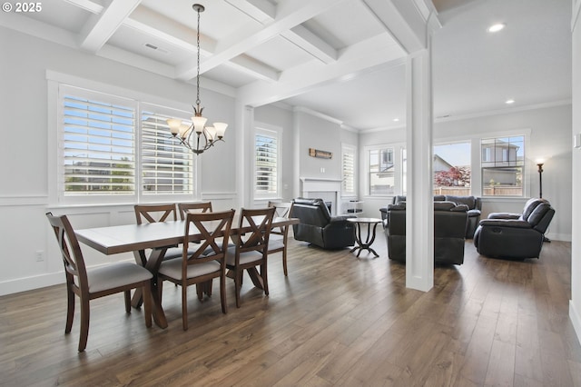 29169 NW King St, North Plains, OR 97133 - dining room featuring beam ceiling, a chandelier, dark wood finished floors, recessed lighting, and coffered ceiling