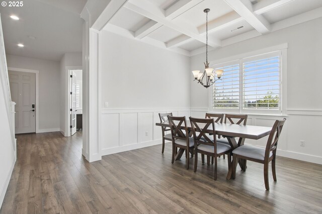 29169 NW King St, North Plains, OR 97133 - dining area featuring wood finished floors, beamed ceiling, recessed lighting, a wainscoted wall, and coffered ceiling