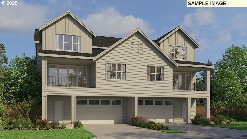 view of front facade featuring board and batten siding, driveway, a balcony, and a garage