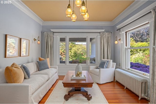 1314 SE 55th Ave, Portland, OR 97215 - living room with radiator, wood finished floors, ornamental molding, and a chandelier