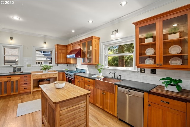 1314 SE 55th Ave, Portland, OR 97215 - kitchen with appliances with stainless steel finishes, wood counters, tasteful backsplash, a sink, and crown molding