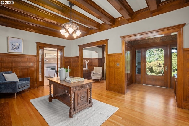 1314 SE 55th Ave, Portland, OR 97215 - office area featuring a chandelier, wainscoting, beamed ceiling, light wood-type flooring, and wood walls
