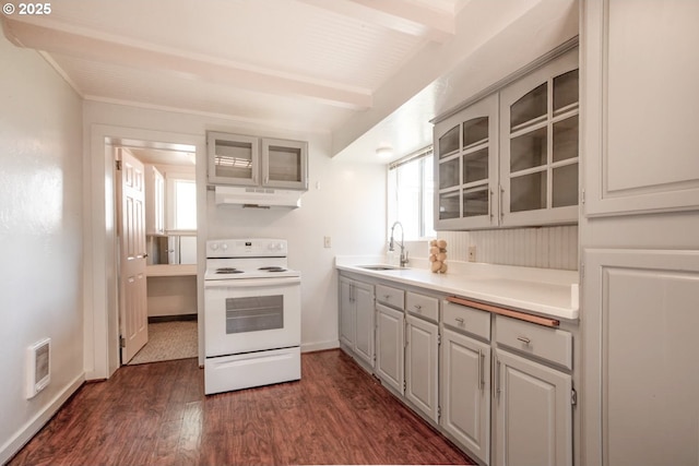2856 Cheshire Ave, Eugene, OR 97402 - kitchen featuring white range with electric cooktop, under cabinet range hood, glass insert cabinets, dark wood-style flooring, and light countertops