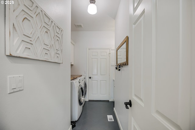 11942 SE Sunny Way, Happy Valley, OR 97086 - laundry room with cabinet space, separate washer and dryer, dark tile patterned flooring, and baseboards
