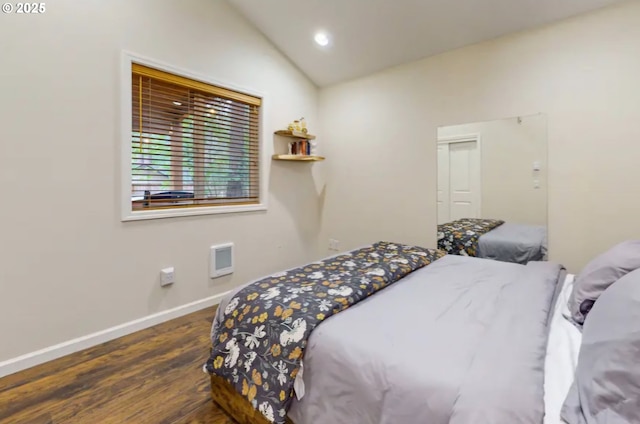 23218 E Homer Ave, Welches, OR 97067 - bedroom with baseboards, vaulted ceiling, wood finished floors, recessed lighting, and a closet