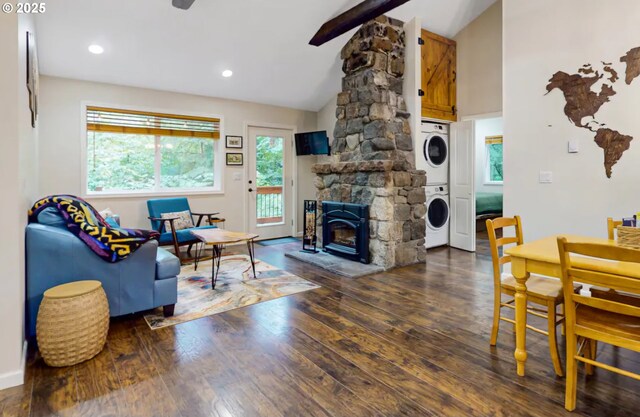23218 E Homer Ave, Welches, OR 97067 - living area with stacked washer and clothes dryer, wood finished floors, and recessed lighting
