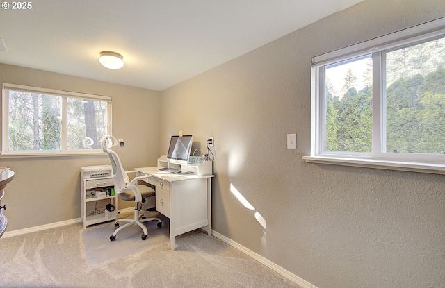 home office featuring light colored carpet, baseboards, and a textured wall