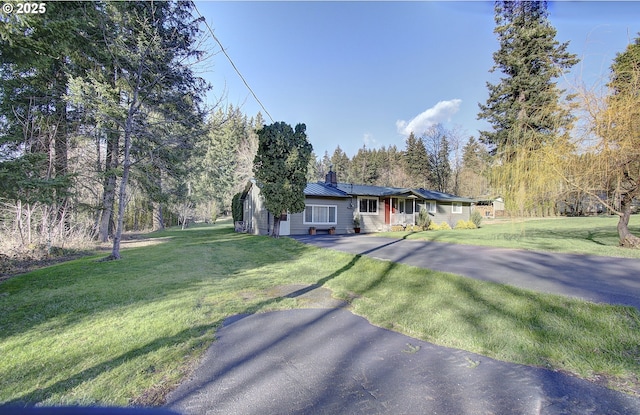 ranch-style house featuring a standing seam roof, driveway, metal roof, and a front yard