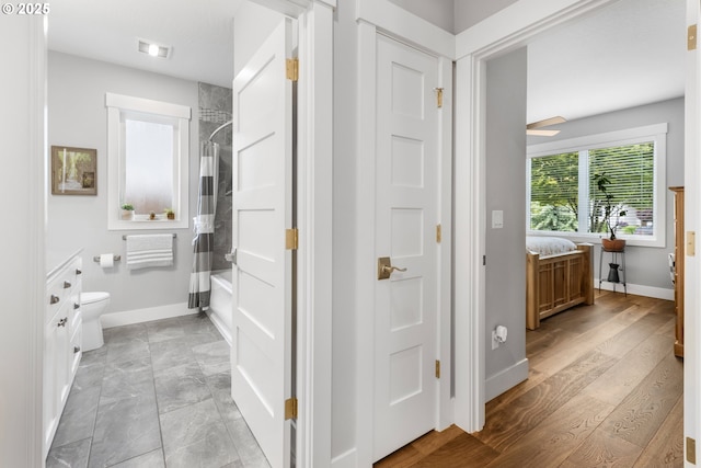 3461 Sterling Woods Dr, Eugene, OR 97408 - full bathroom with shower / bath combo with shower curtain and a ceiling fan